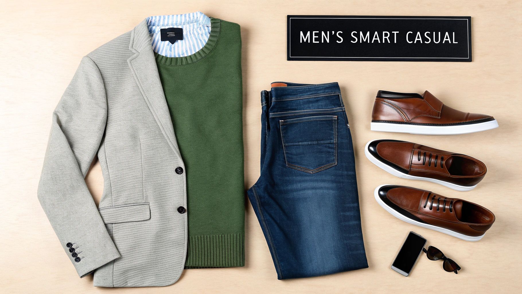 A woman confidently wearing a smart casual outfit consisting of a tailored blazer, silk blouse, and trousers.