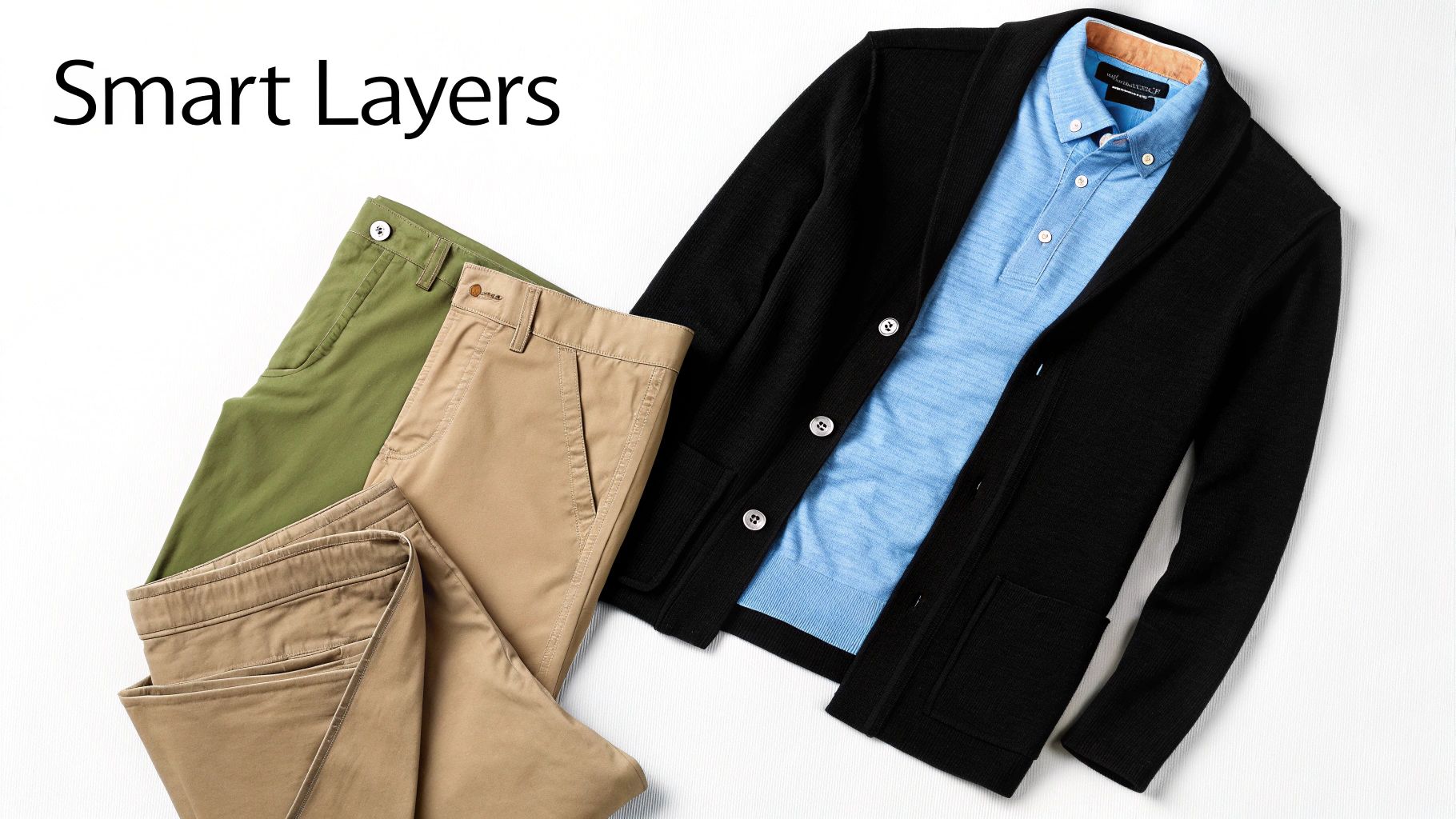 A man layering a sweater over a button-down shirt, exemplifying a business casual outfit formula.