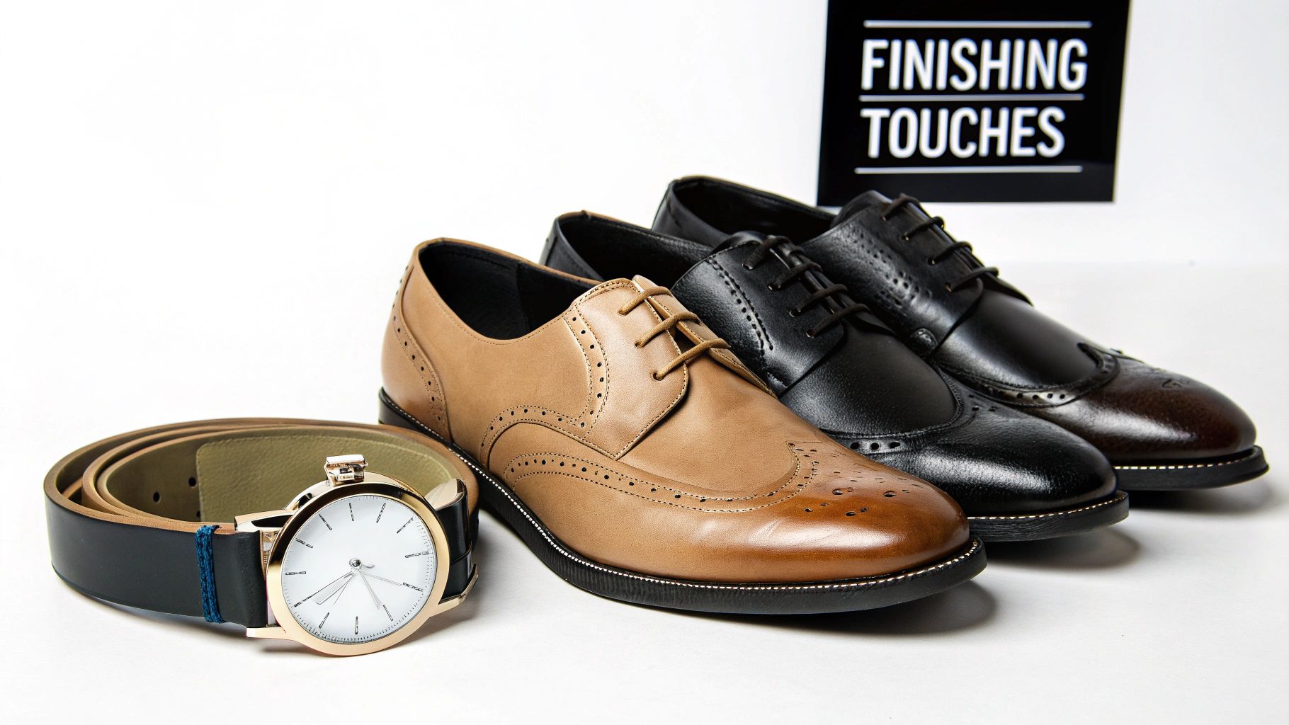 A pair of brown leather derby shoes and a matching brown leather belt placed next to each other.