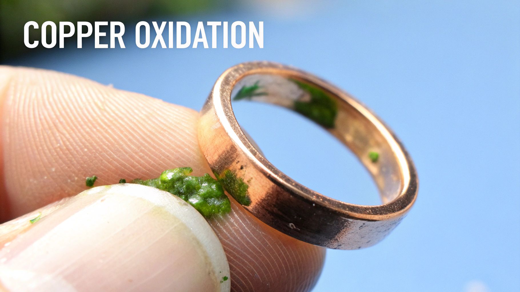 Close-up of a copper ring on a finger with green oxidation, illustrating cheap jewelry.