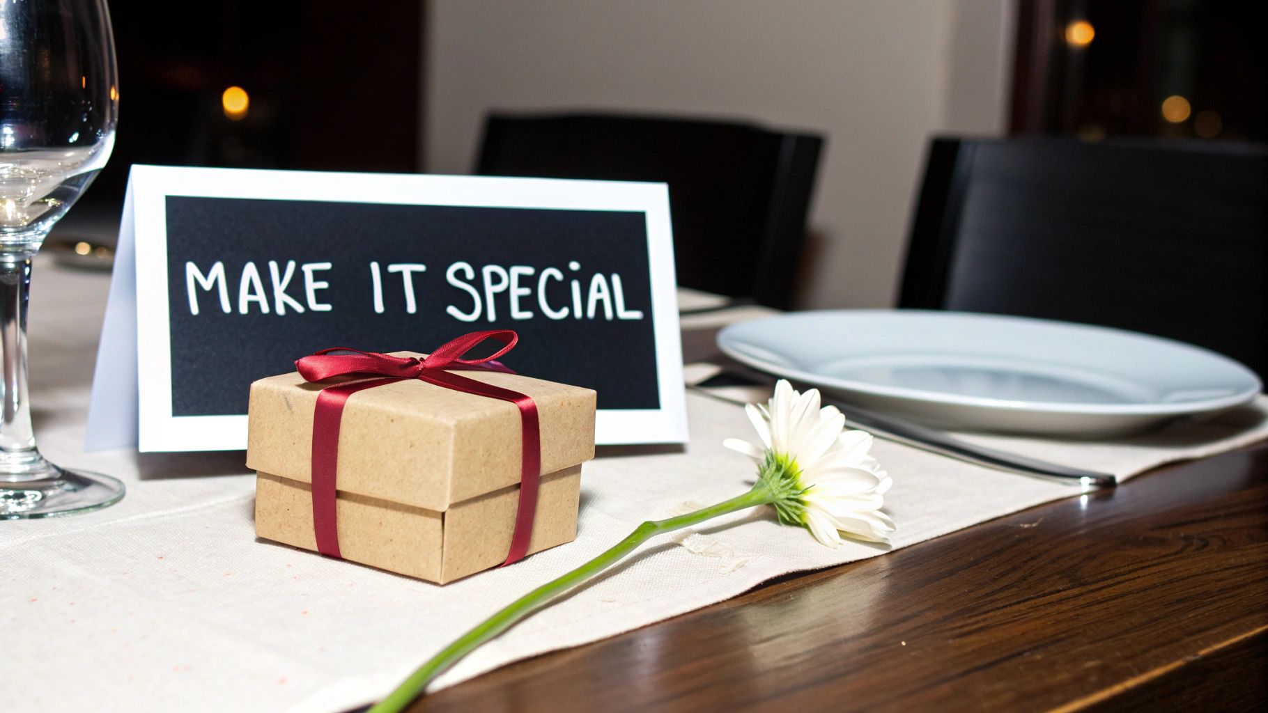 A beautifully wrapped gift box with a handwritten note next to it.