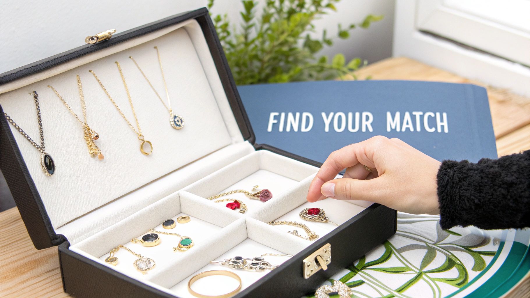 Close-up of a hand reaching into an open jewelry box displaying various gemstone necklaces and earrings.