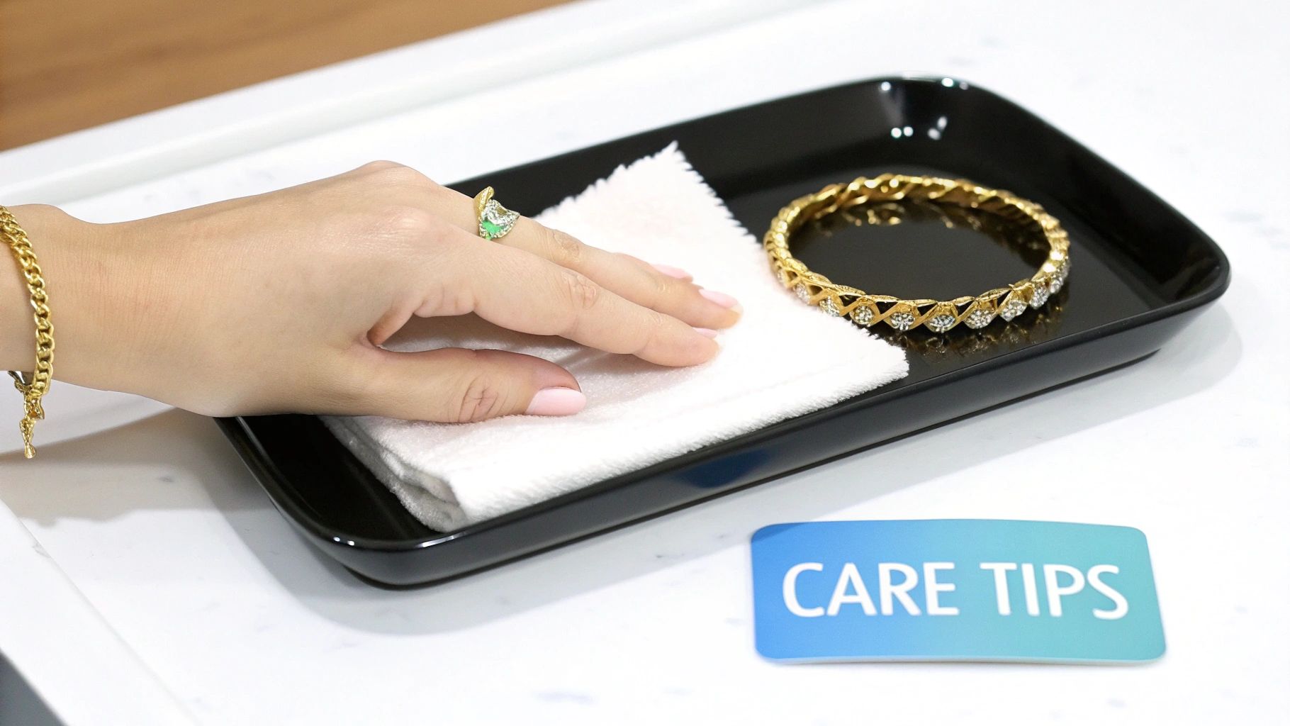 A hand with a gold ring and bracelet wiping jewelry on a black tray with a white cloth, next to a 'Care Tips' card.