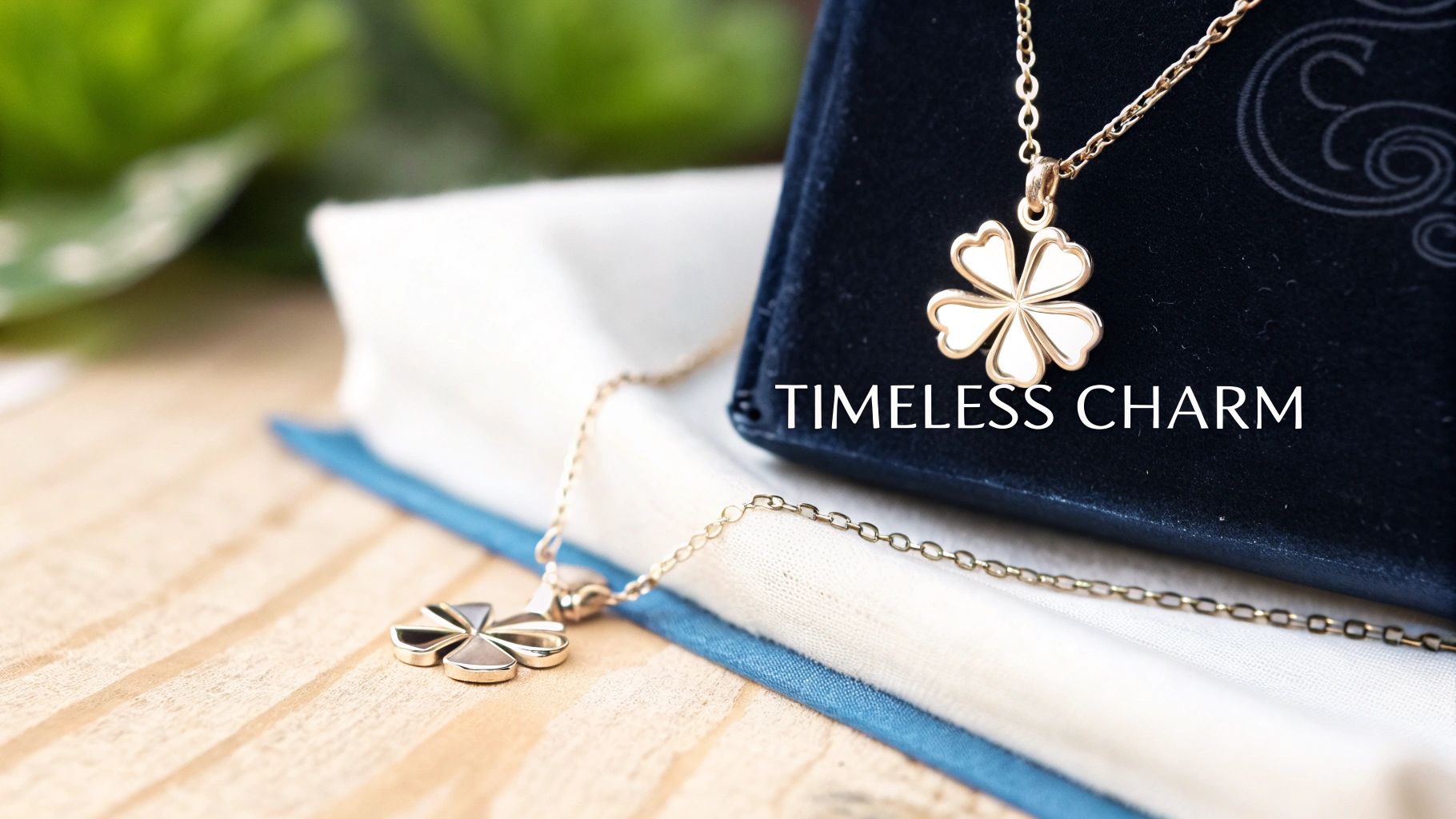 A gold clover necklace, partly displayed in a blue velvet box and on a wooden surface, with 'TIMELESS CHARM' text.