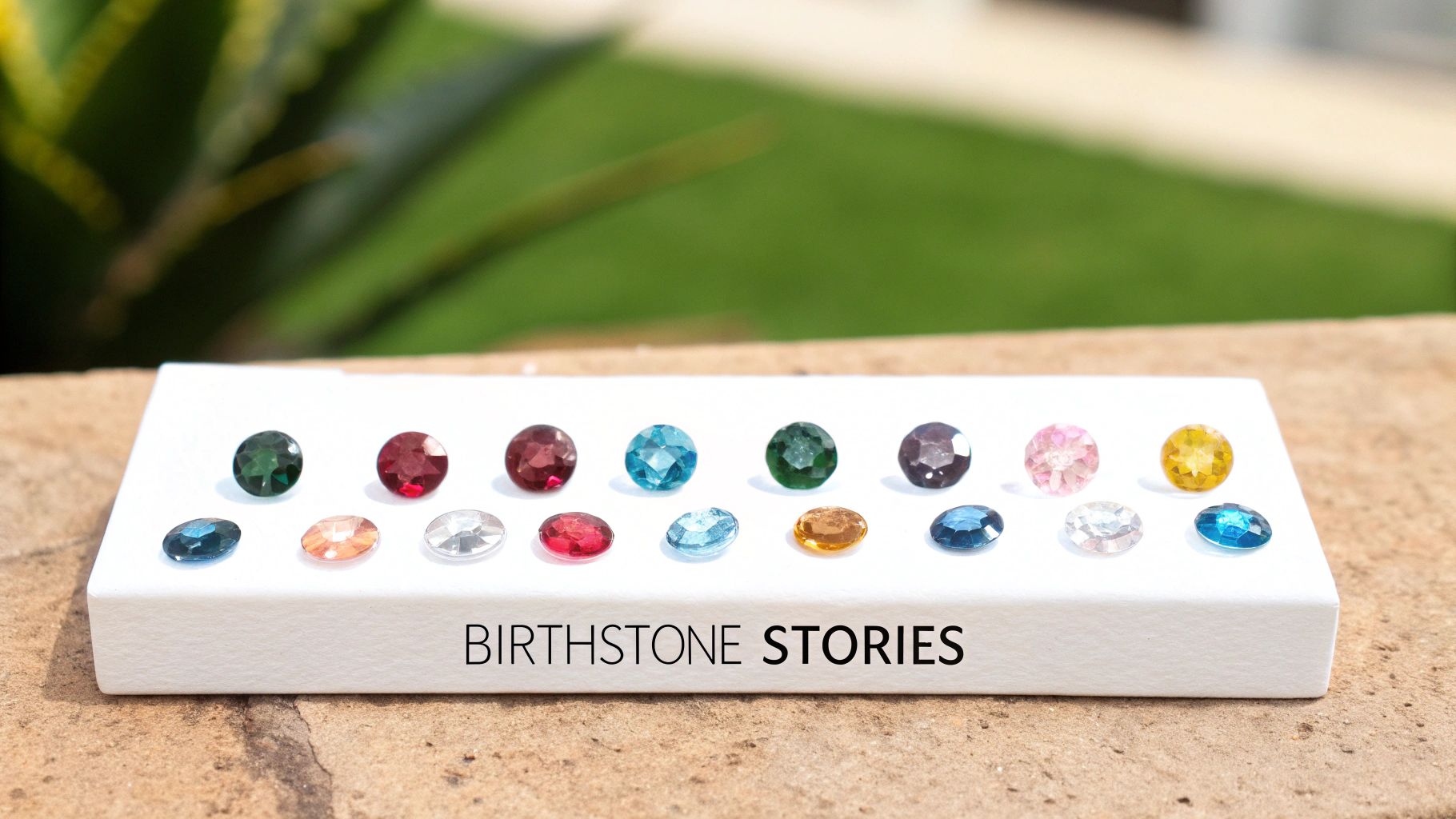 A white box labeled 'BIRTHSTONE STORIES' displaying various vibrant colored gemstones in two rows.