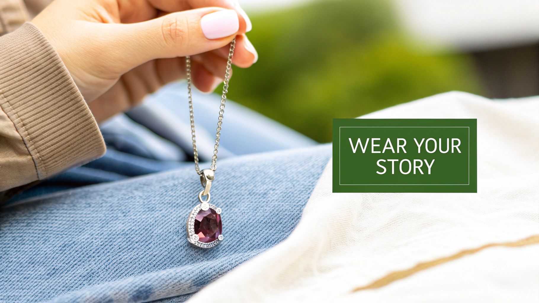 A hand with pink nails holds a silver necklace with a purple gemstone pendant over blue jeans.