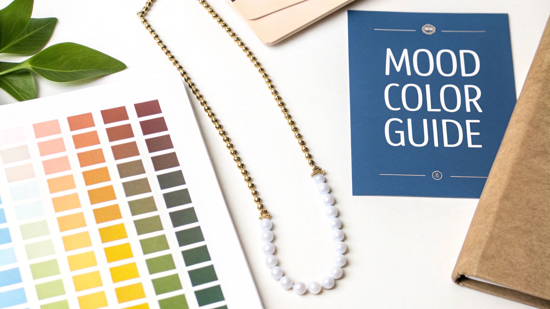 A flat lay displays a color palette, a mood color guide, a gold and pearl necklace, and a green leaf.