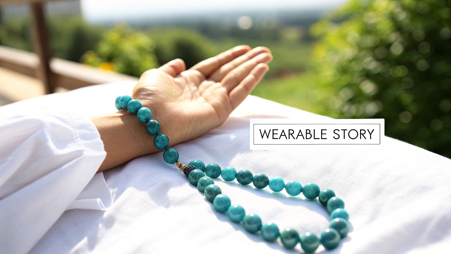 Close-up of a hand wearing a vibrant turquoise beaded necklace and bracelet on white fabric, outdoors.