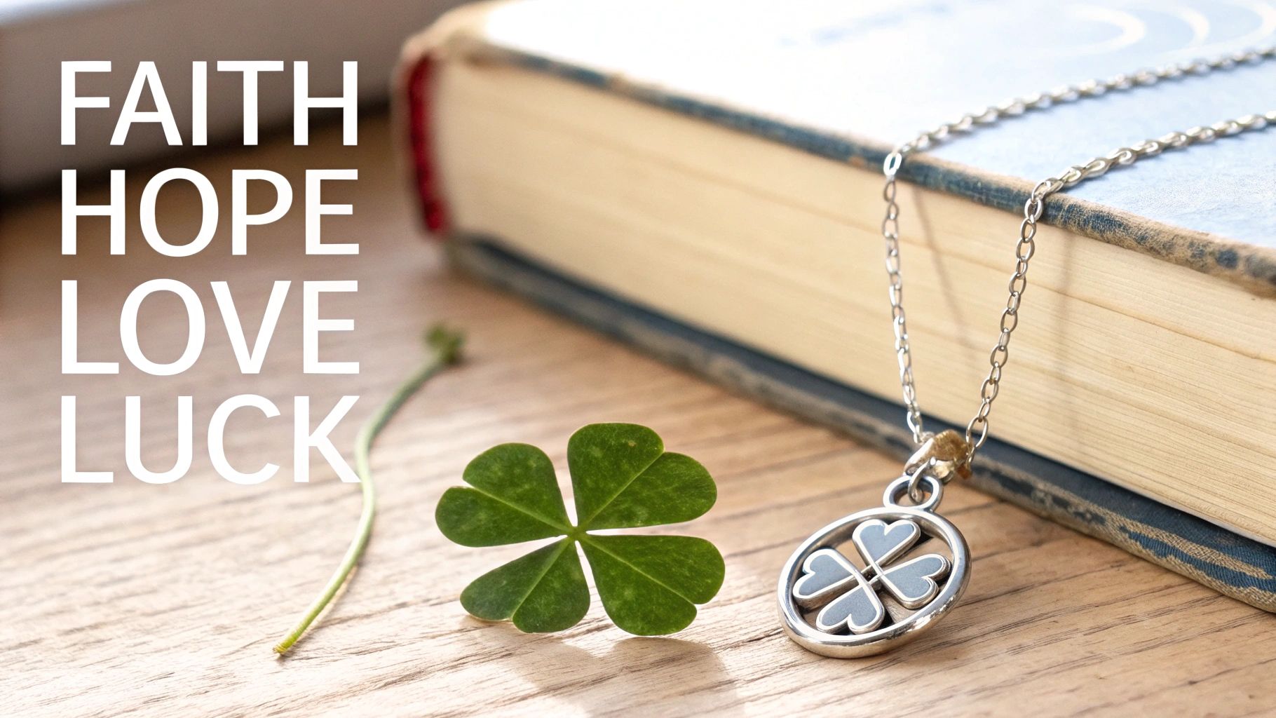 A real four-leaf clover, a matching silver necklace, and an old book with text: FAITH HOPE LOVE LUCK.