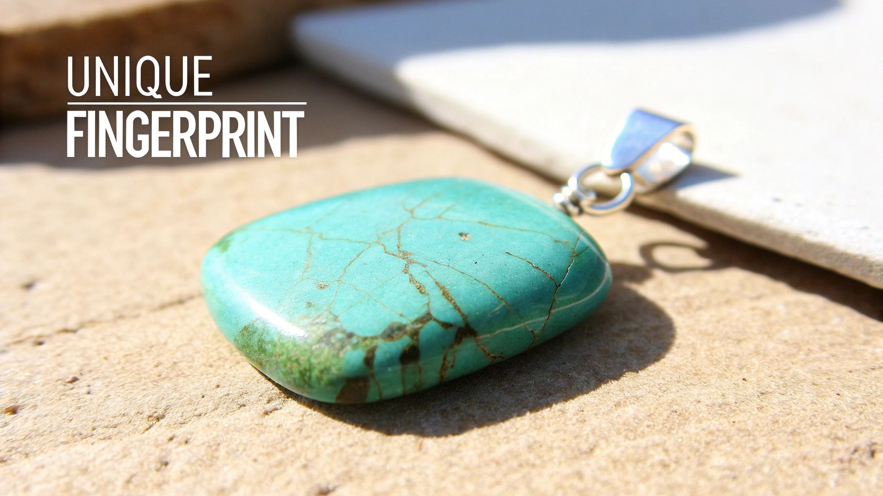 Close-up of a vibrant turquoise pendant with unique matrix patterns and a silver bail, resting on textured sand.