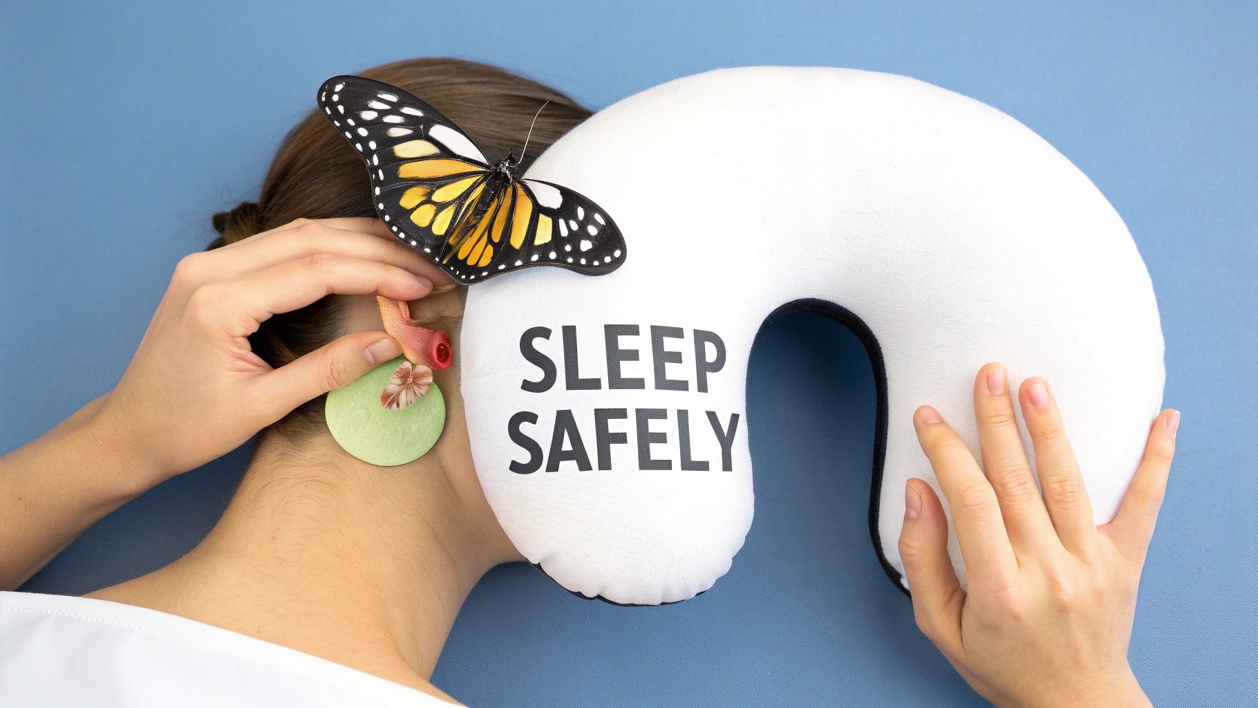 Person resting on a 'Sleep Safely' neck pillow with a butterfly, adjusting ear accessories.