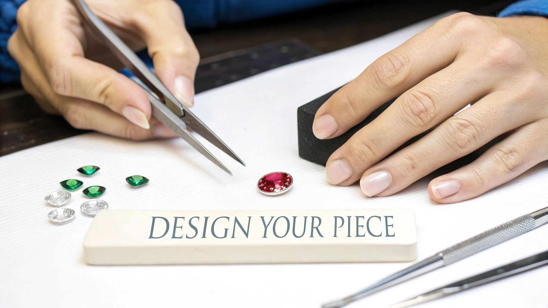 Hands meticulously crafting a personalized jewelry piece with various gemstones and tools.