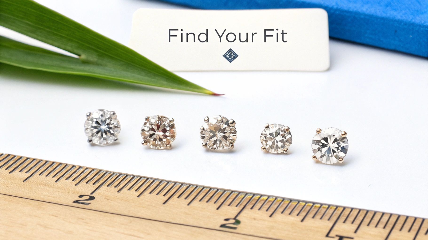 Five round moissanite stud earrings of different sizes displayed with a ruler.