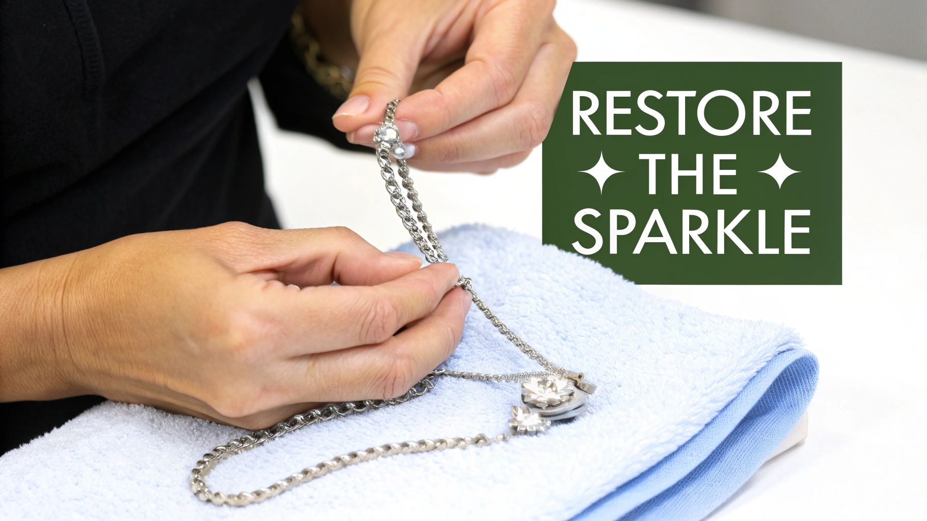 Close-up of hands cleaning a silver necklace with pearls and charms on a blue towel.