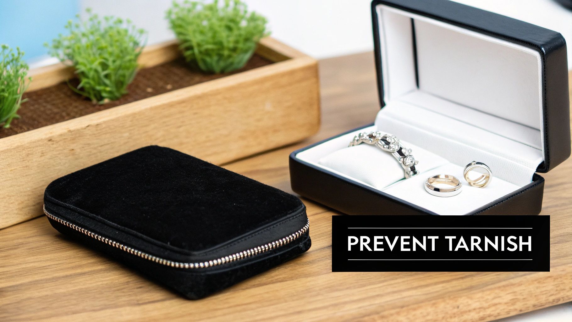 A person carefully placing sterling silver jewelry into a soft-lined jewelry box.