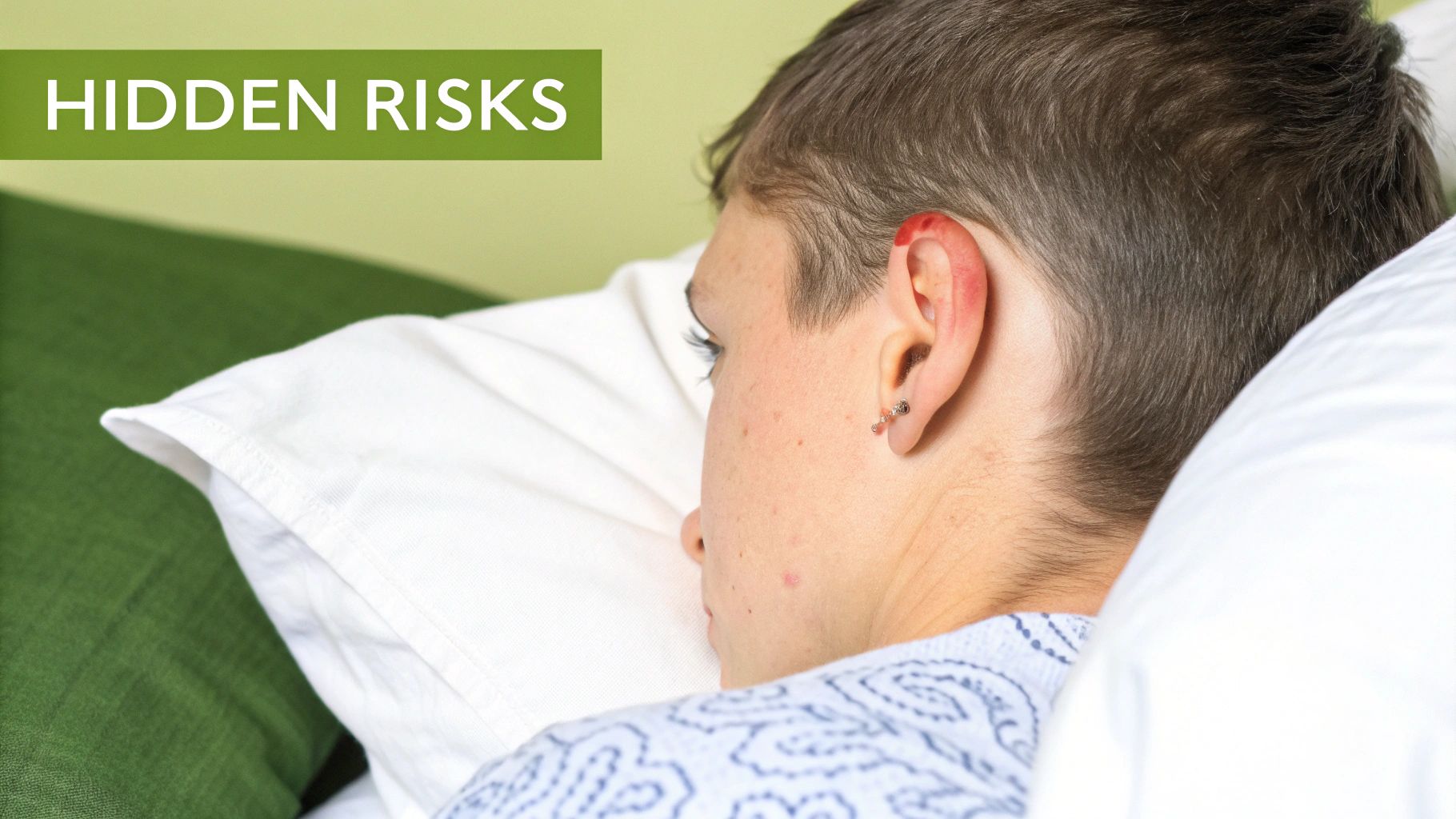 Person sleeping on a pillow, showing a red, irritated ear with an earring and the text 'Hidden Risks'.