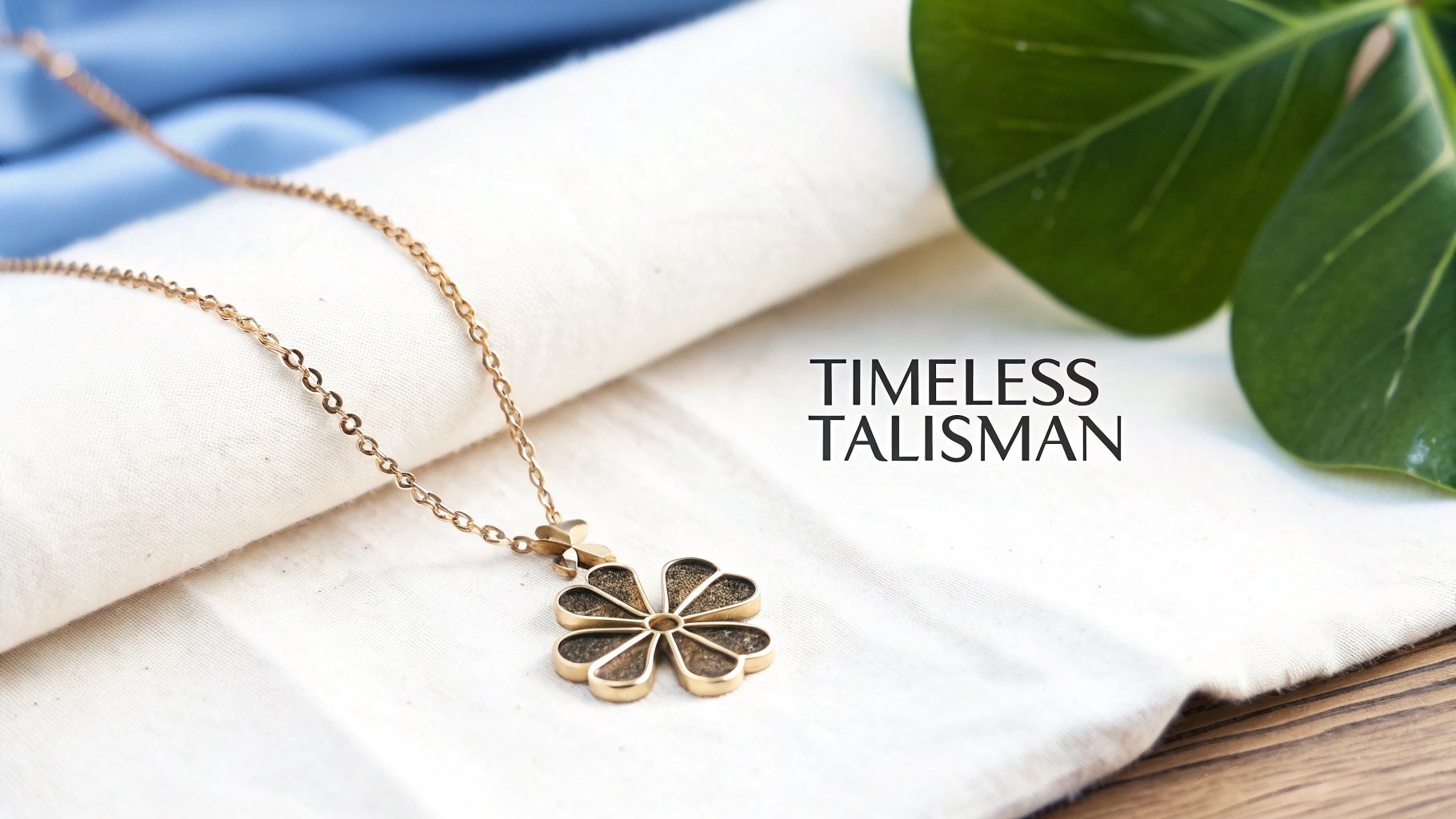 A beautiful golden four-leaf clover necklace rests on white fabric, promoting 'Timeless Talisman'.