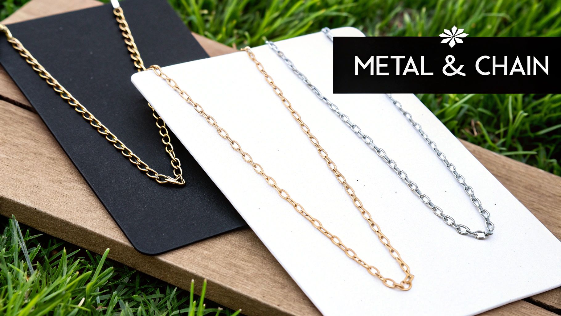 Three metal chains in gold, rose gold, and silver displayed on cards against wood and grass.