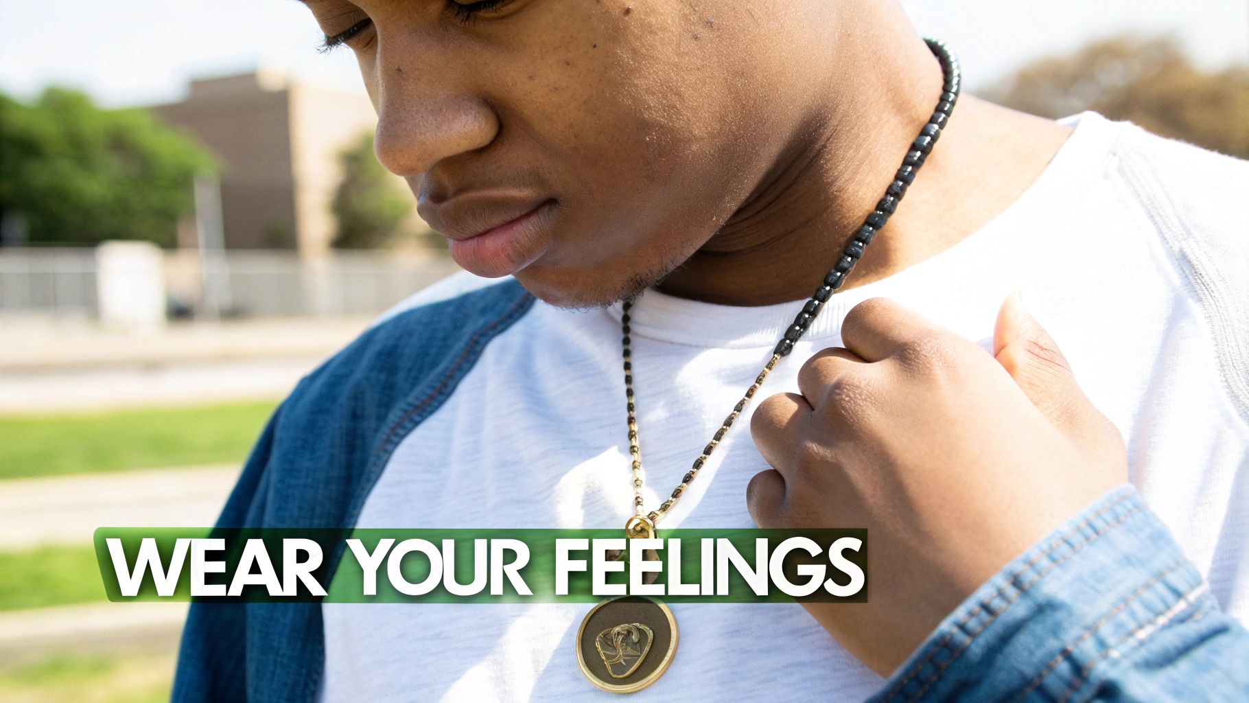 Close-up of a person wearing a gold pendant mood necklace, looking down, with 'WEAR YOUR FEELINGS' text.