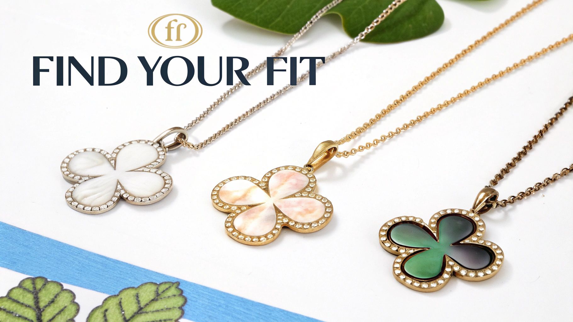 Three elegant clover necklaces in white, pink, and green, adorned with sparkling gem borders.