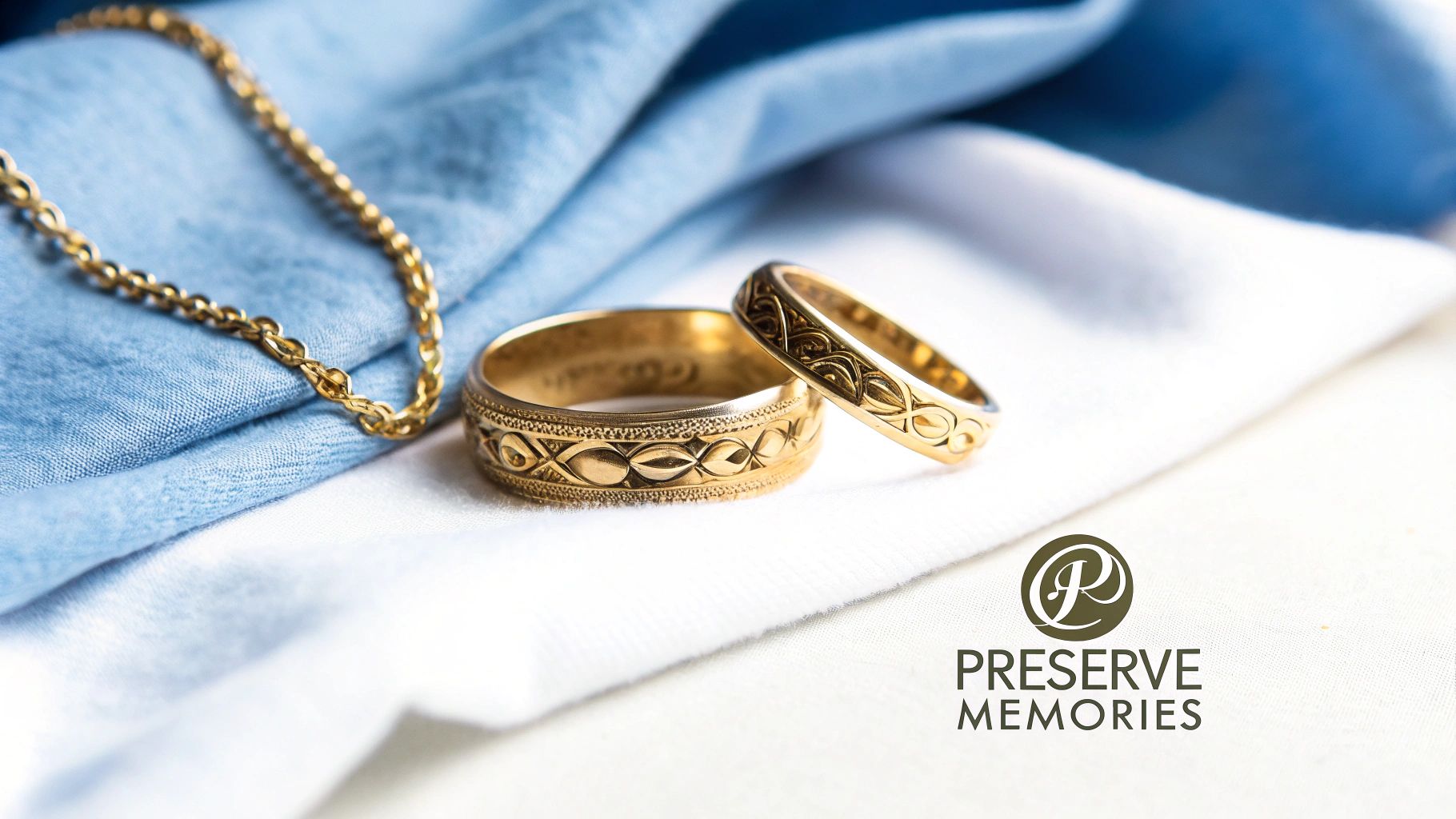 Two ornate gold wedding rings and a delicate gold chain resting on white and blue fabric.