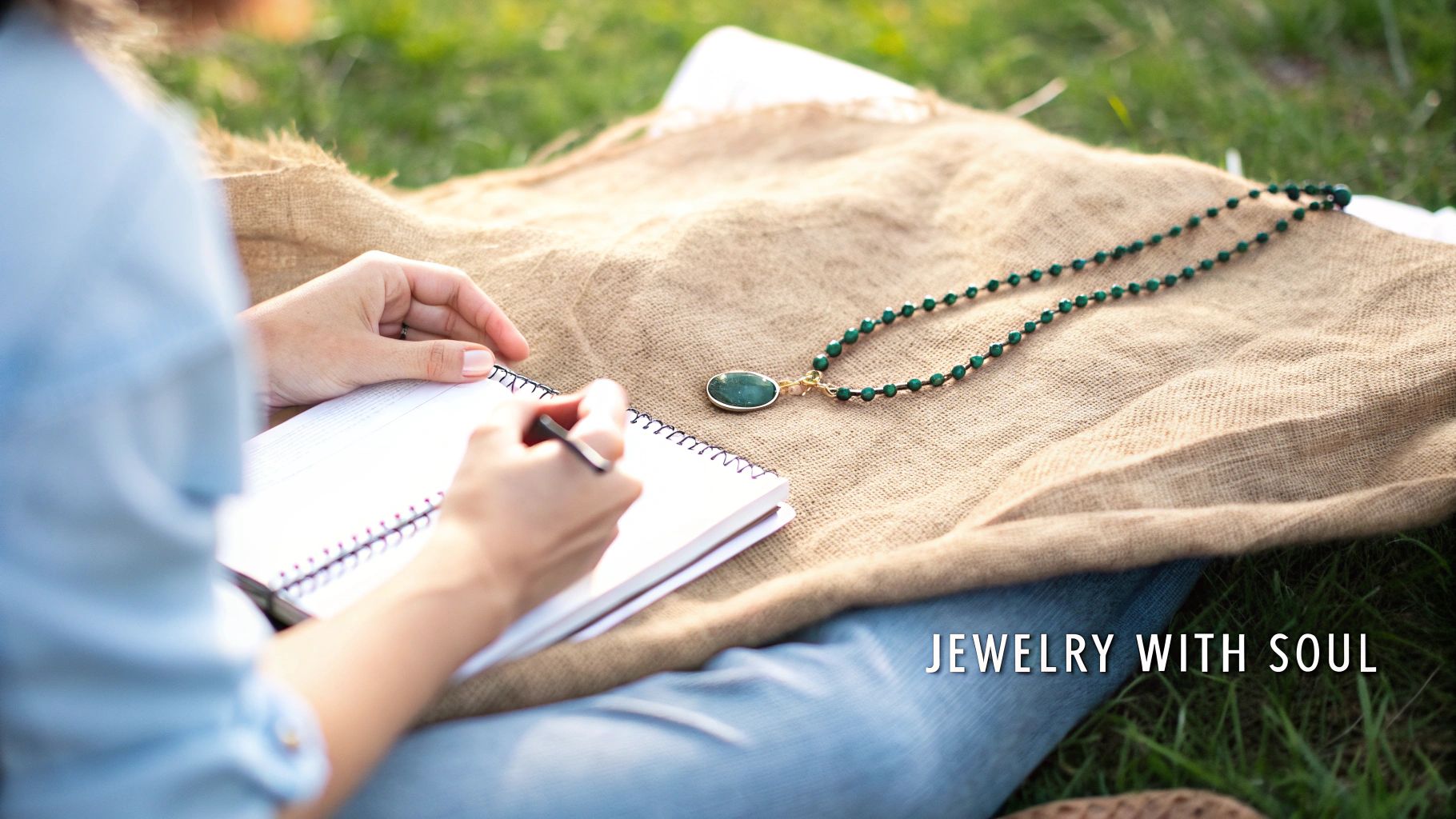 Person writing in a journal outdoors, with a beautiful green beaded necklace on burlap.
