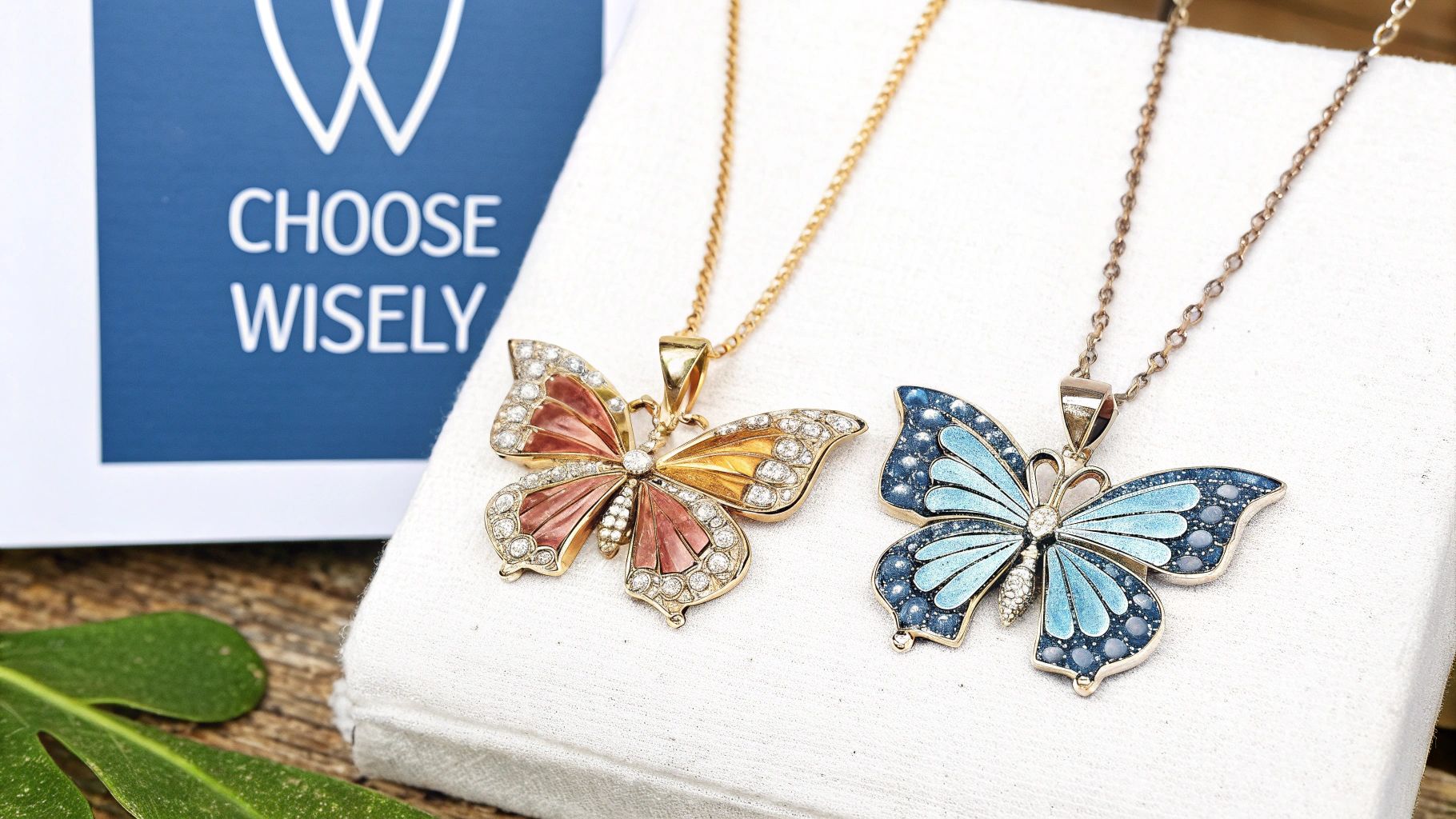 Beautiful gold and silver butterfly necklaces with colorful wings and sparkling details on a white background.