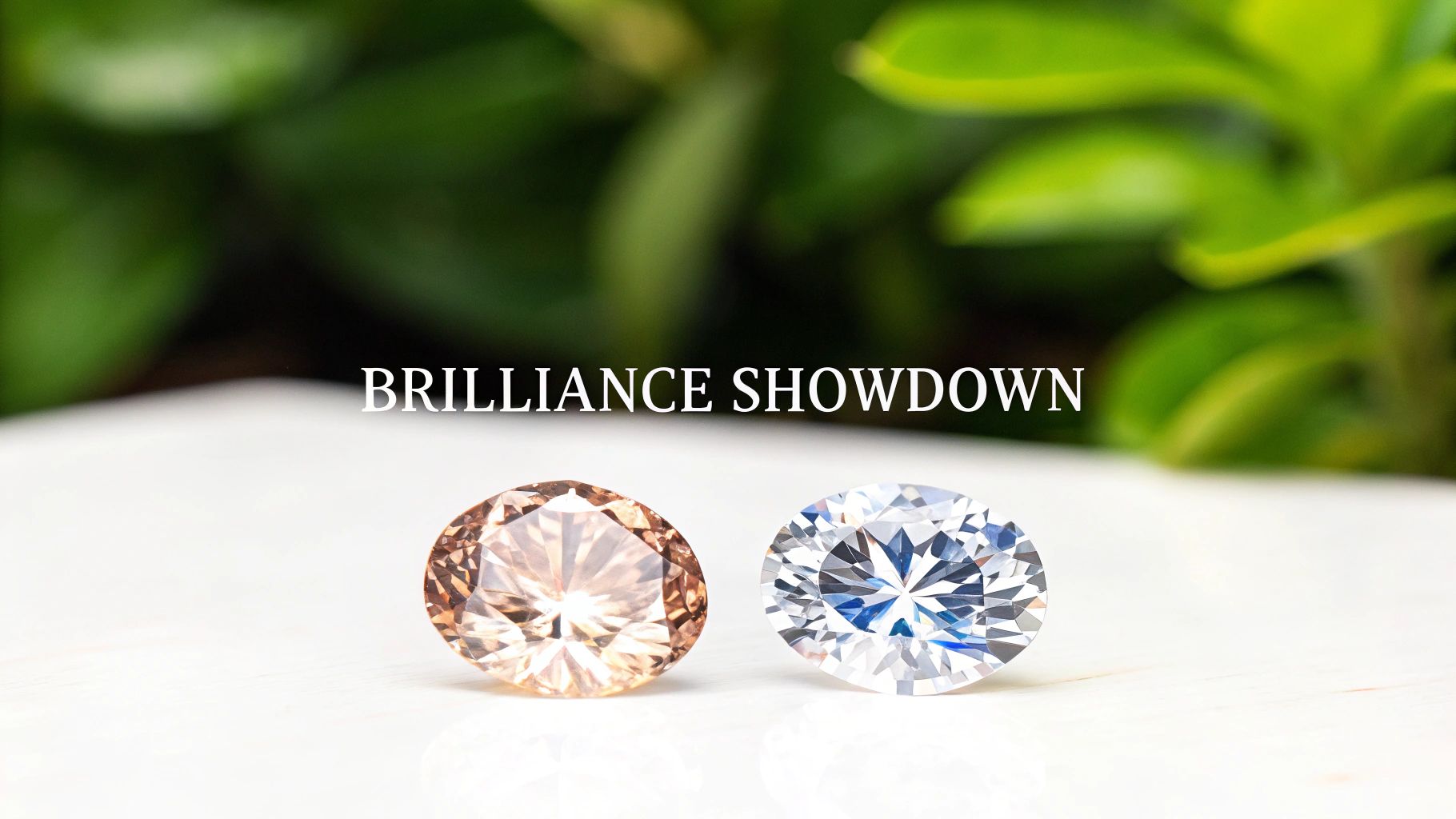 A brilliance showdown of two sparkling round cut gemstones, one brown and one white, against a green background.