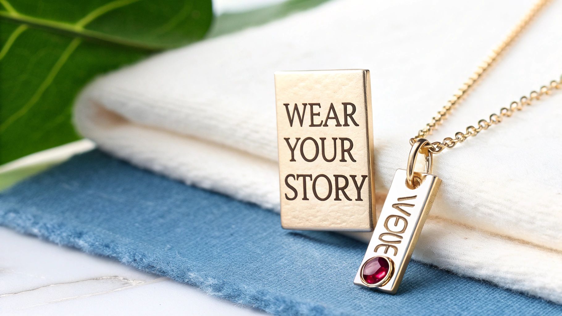 Gold personalized necklace pendants, one reading 'WEAR YOUR STORY', another with 'VOGUE' and a red birthstone.