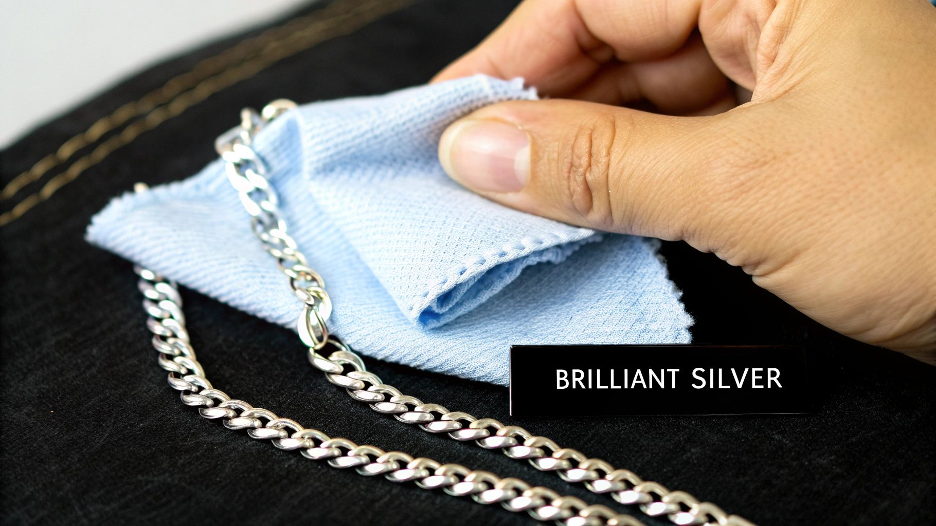 Sterling silver rings and a necklace on a textured white surface