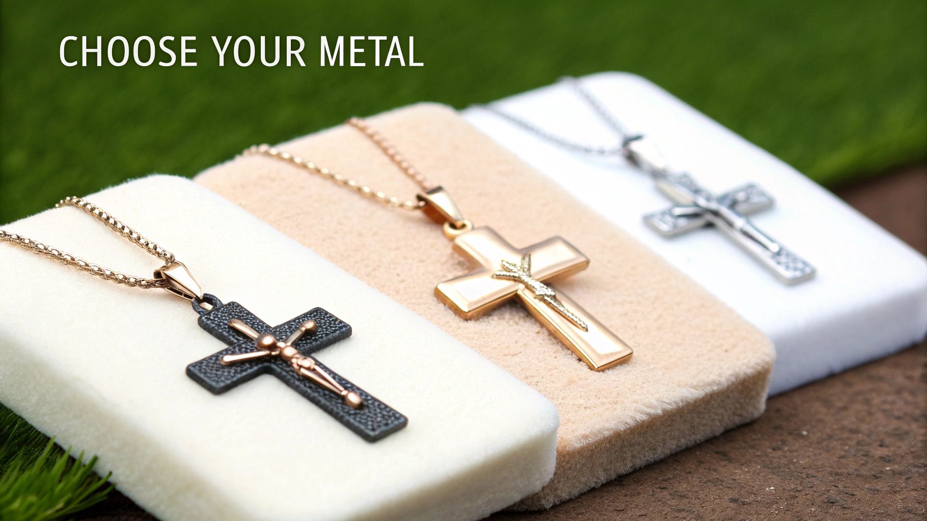 Three elegant cross necklaces, showcasing various metal finishes like gold, rose gold, and silver, displayed for selection.
