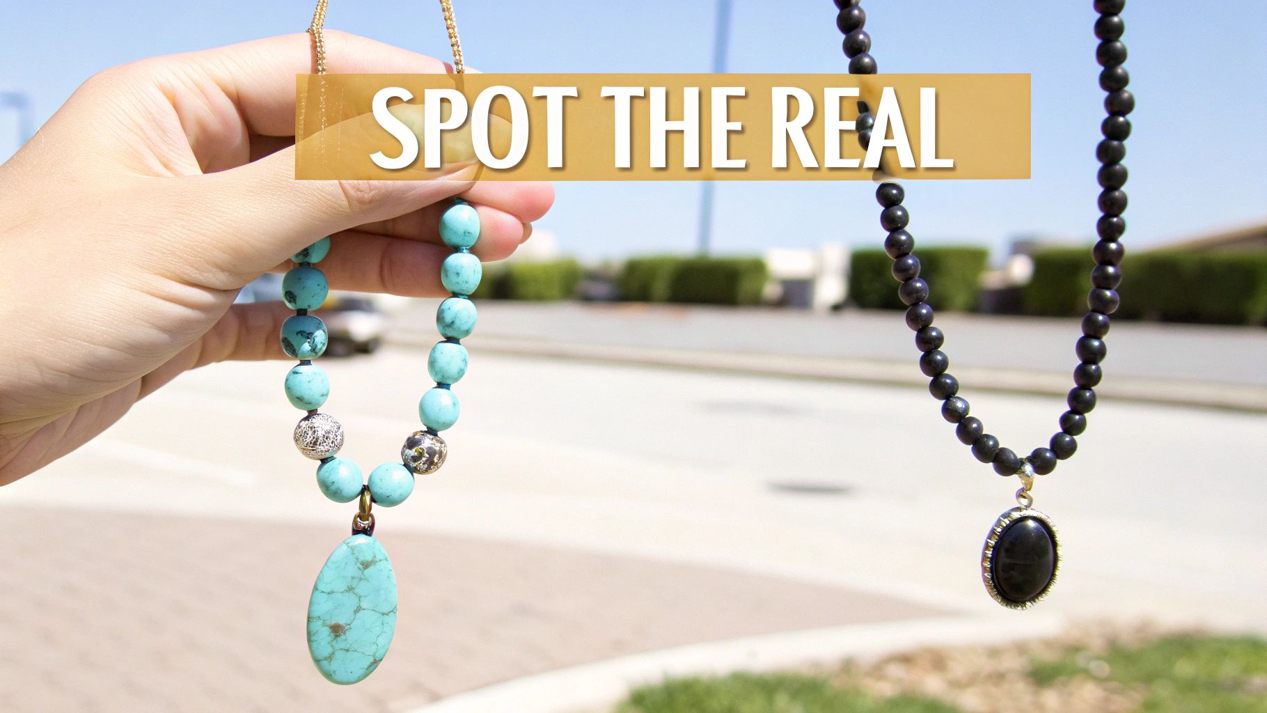 A hand holds a turquoise beaded necklace with a pendant; another black beaded necklace hangs nearby.