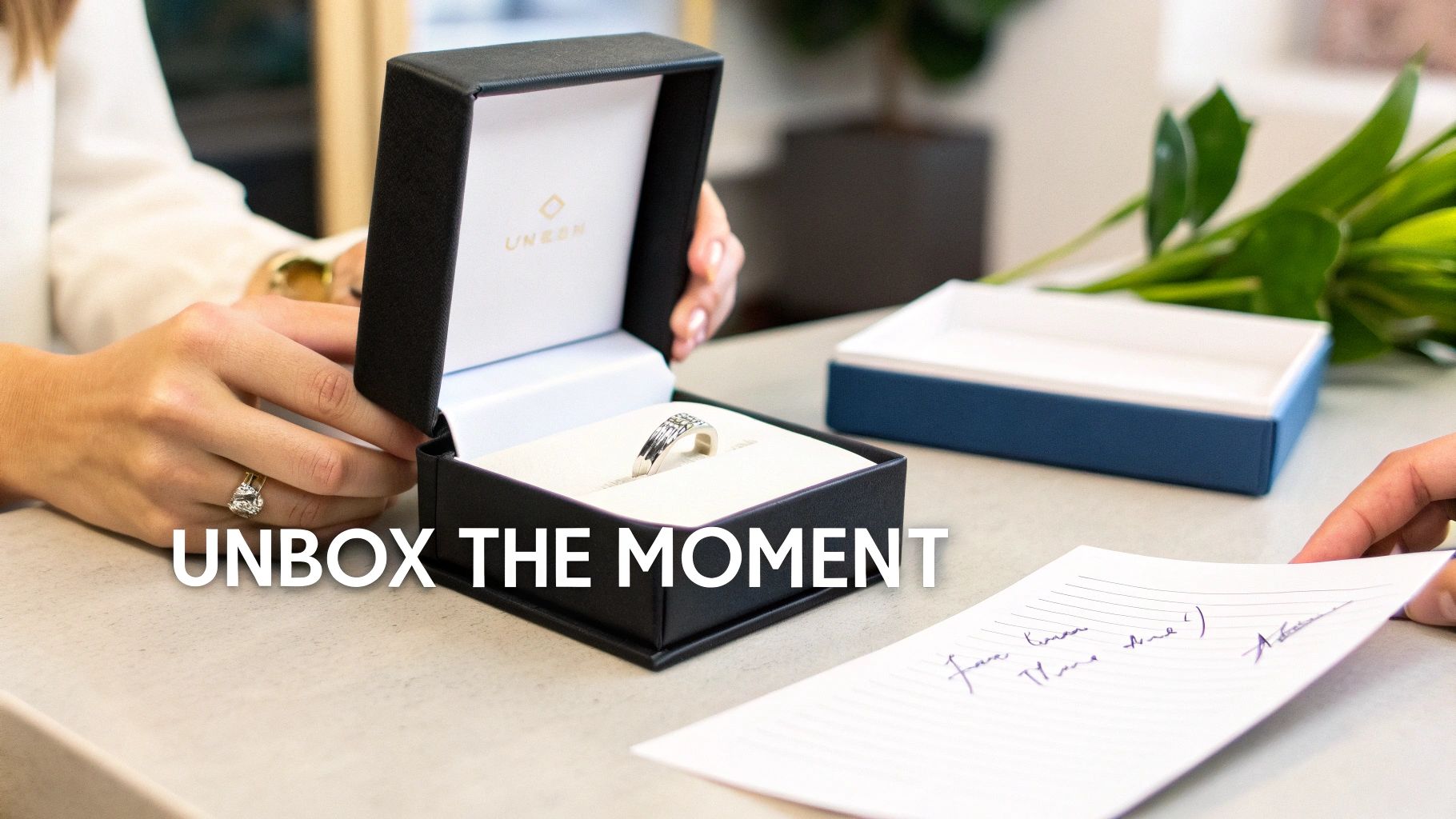A person opens a black jewelry box revealing a silver ring, next to a handwritten note.