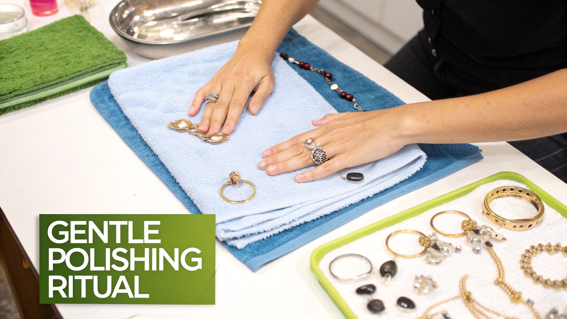 A person's hands gently arranging various jewelry, including rings and necklaces, on soft blue towels for polishing.