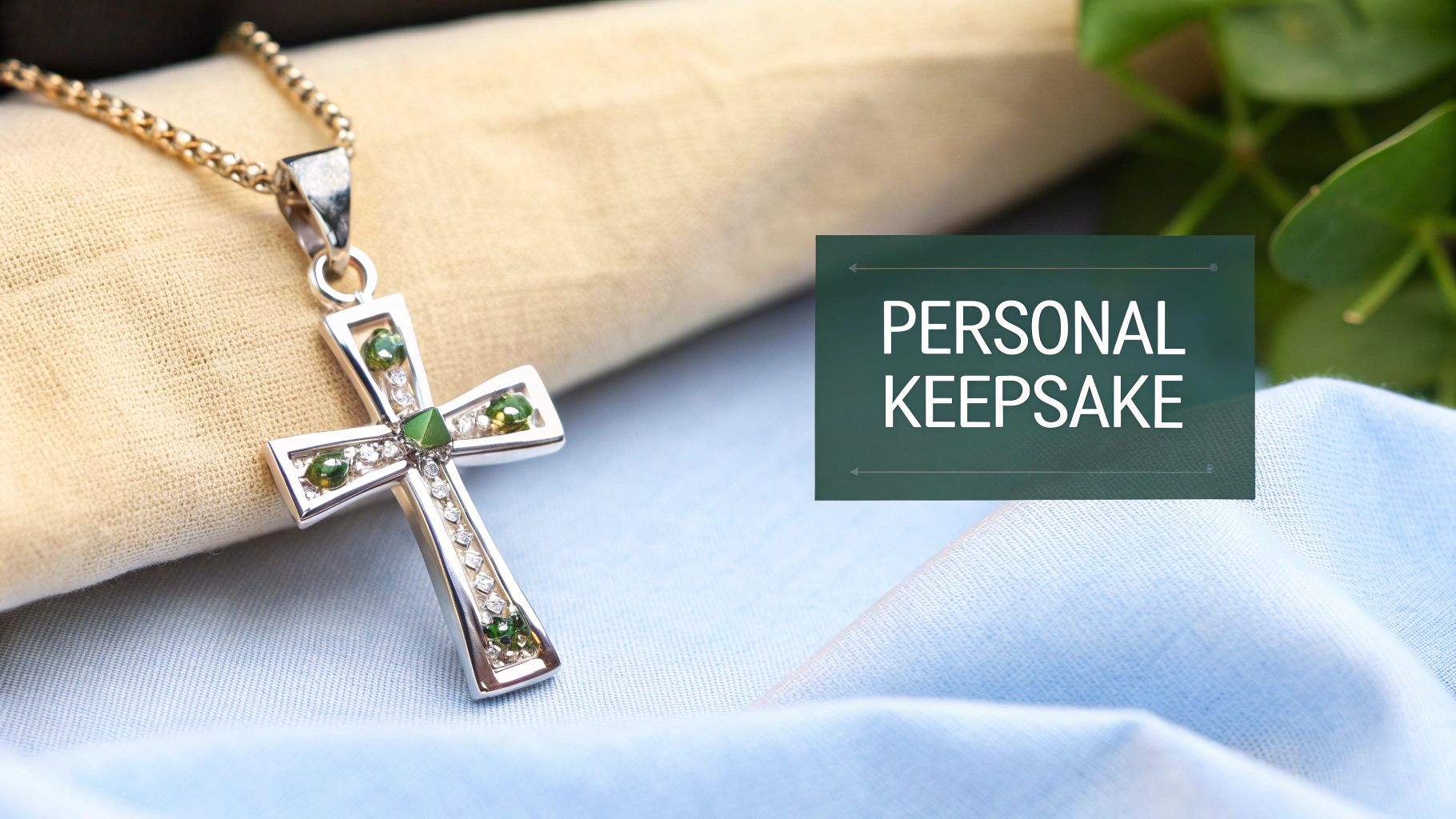A silver cross pendant adorned with green birthstones and sparkling crystals, resting on soft fabrics with a 'Personal Keepsake' text.