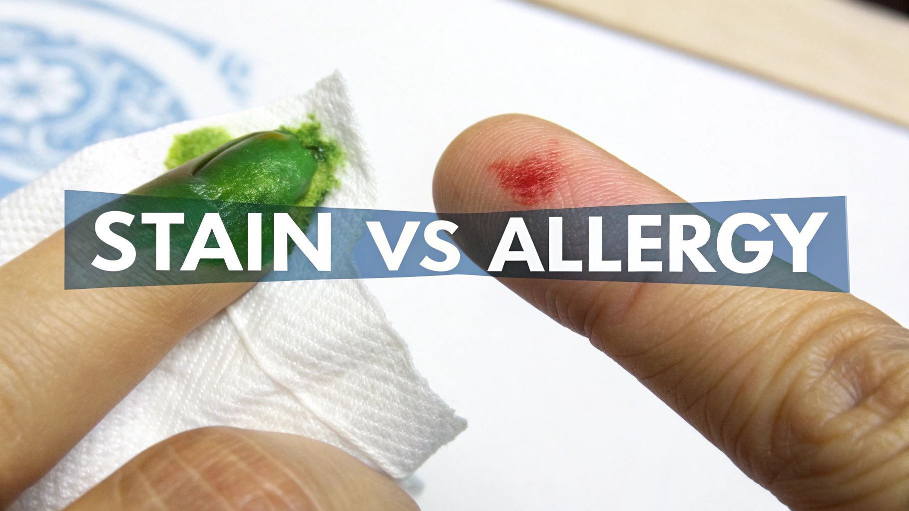 Close-up comparison of a finger with a green skin stain and another with a red allergic reaction.