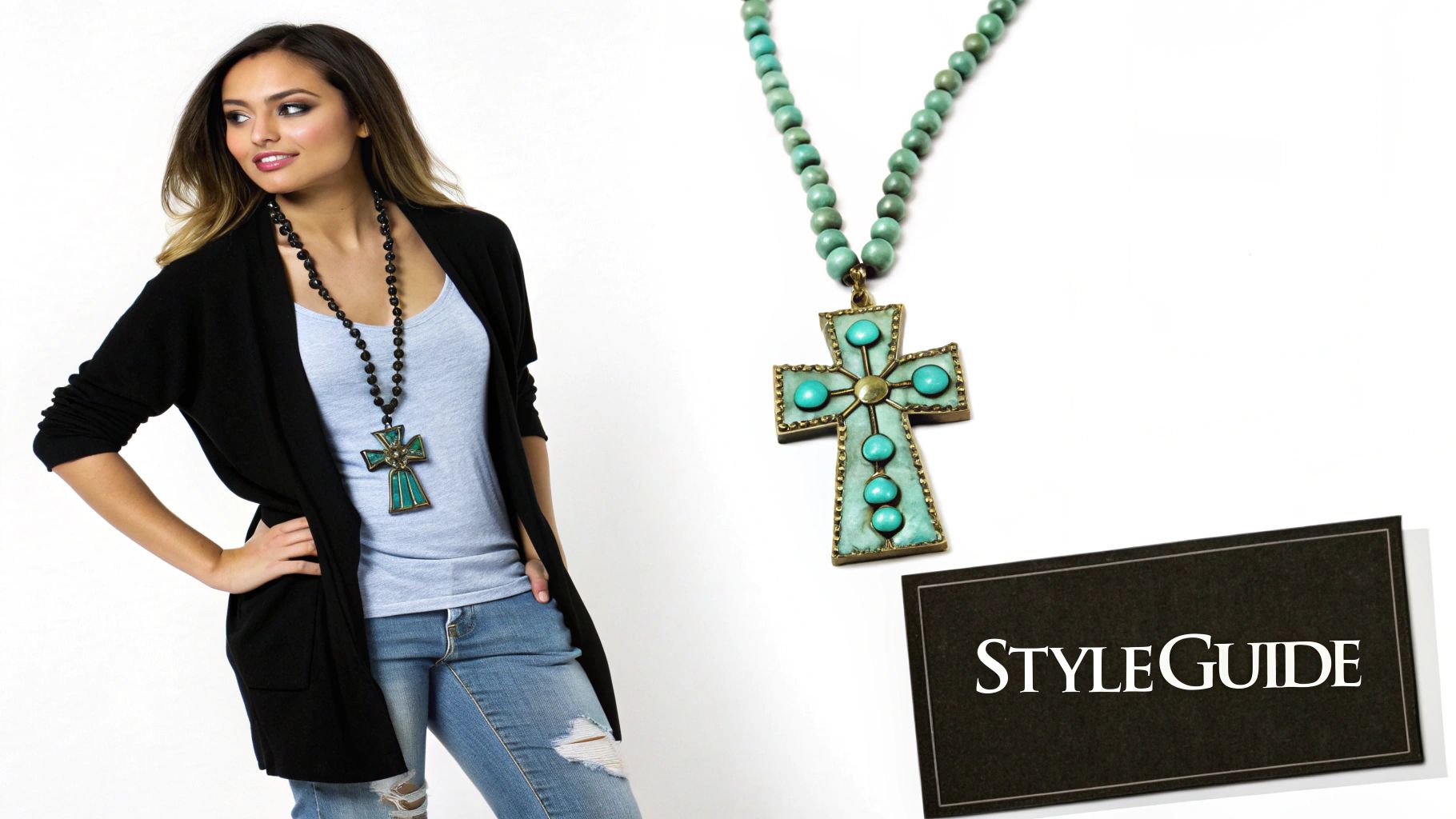 A woman wearing a delicate turquoise cross necklace with a white shirt.