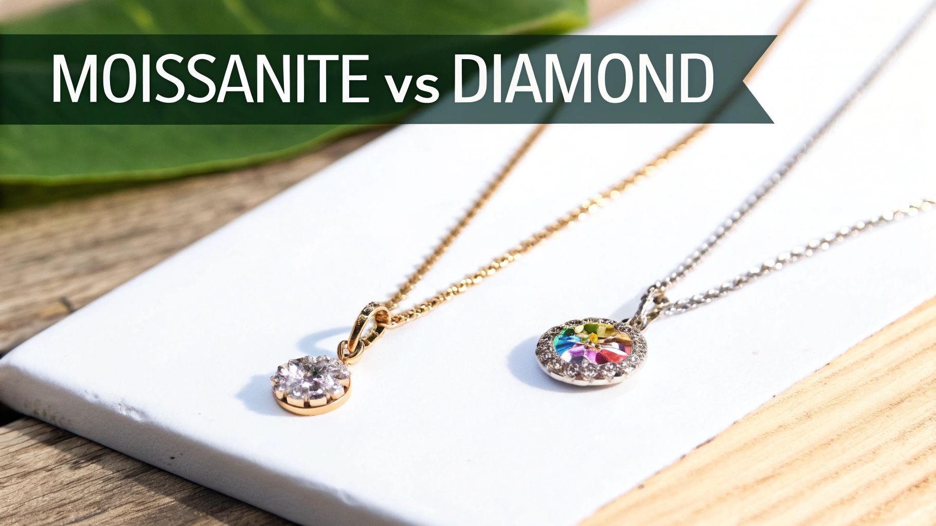 Two necklaces showcasing a moissanite vs diamond comparison on a white surface.