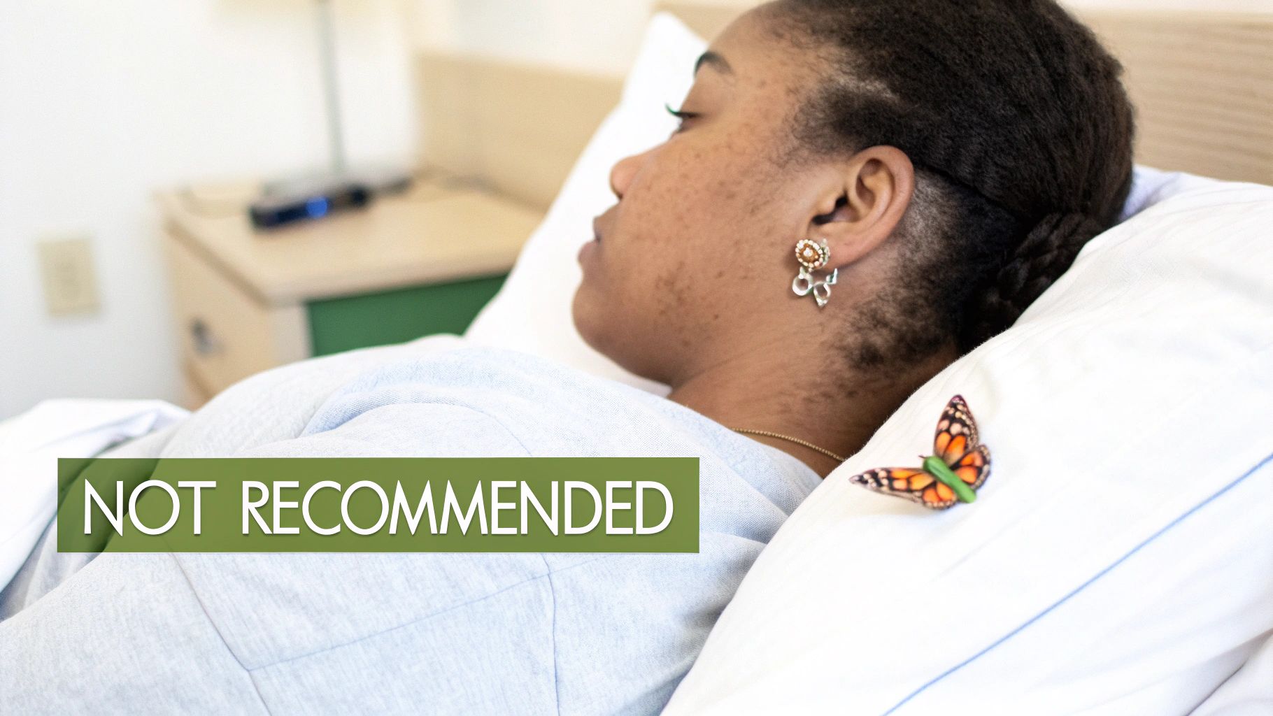 A person with an earring resting on a pillow next to a butterfly, marked 'NOT RECOMMENDED'.