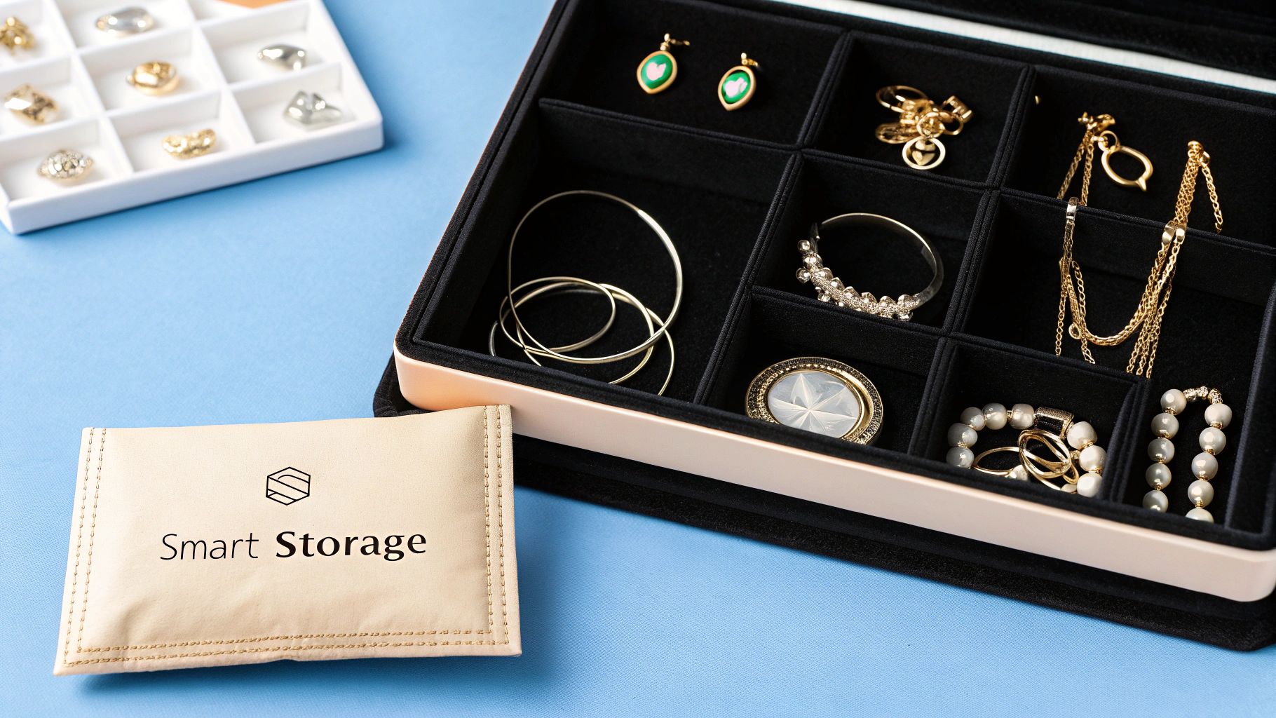 A woman placing her sterling silver jewelry into a lined jewelry box.