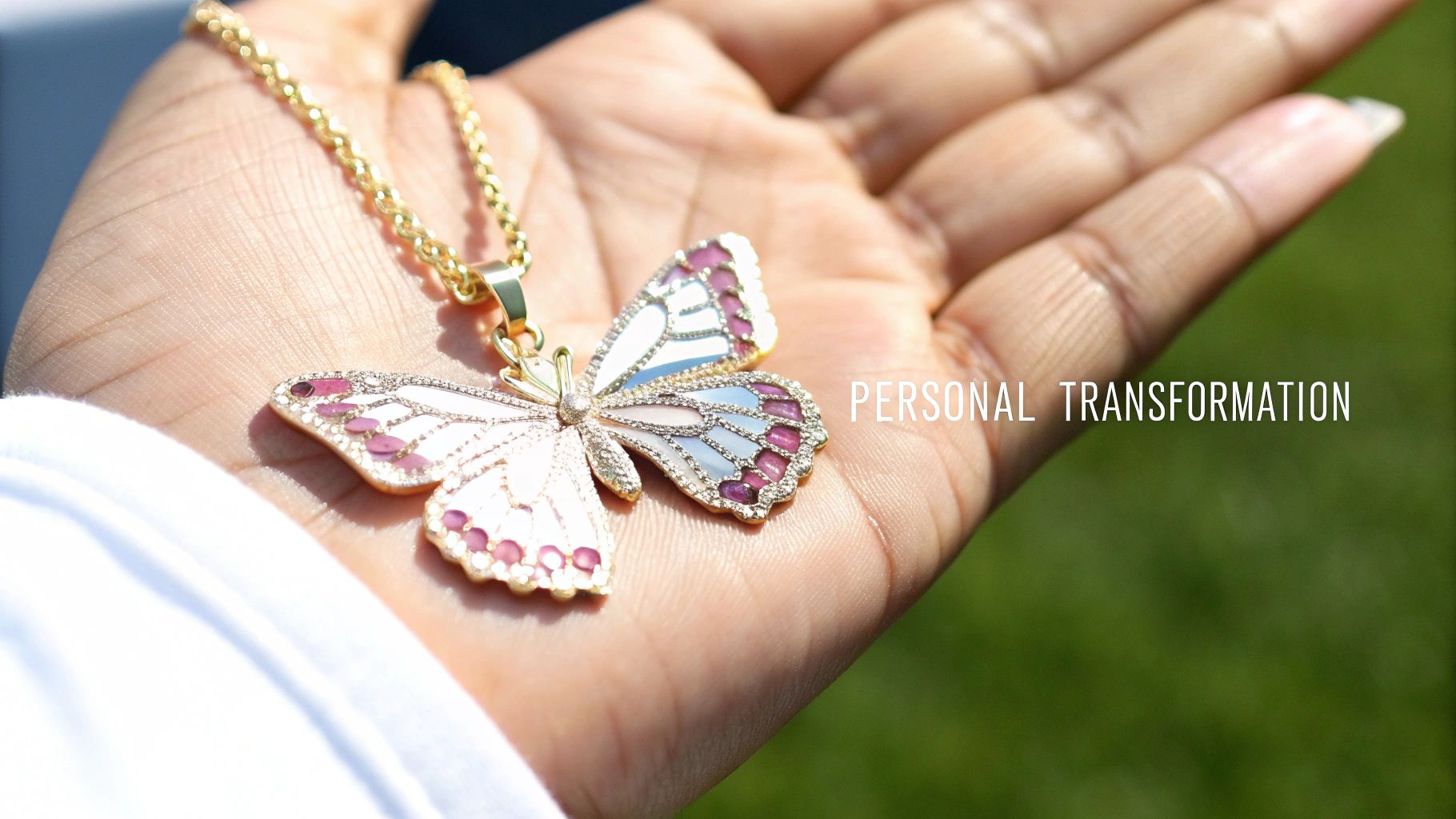 Close-up of a hand holding a beautiful gold butterfly necklace with pink and white enamel wings, text 'PERSONAL TRANSFORMATION'.