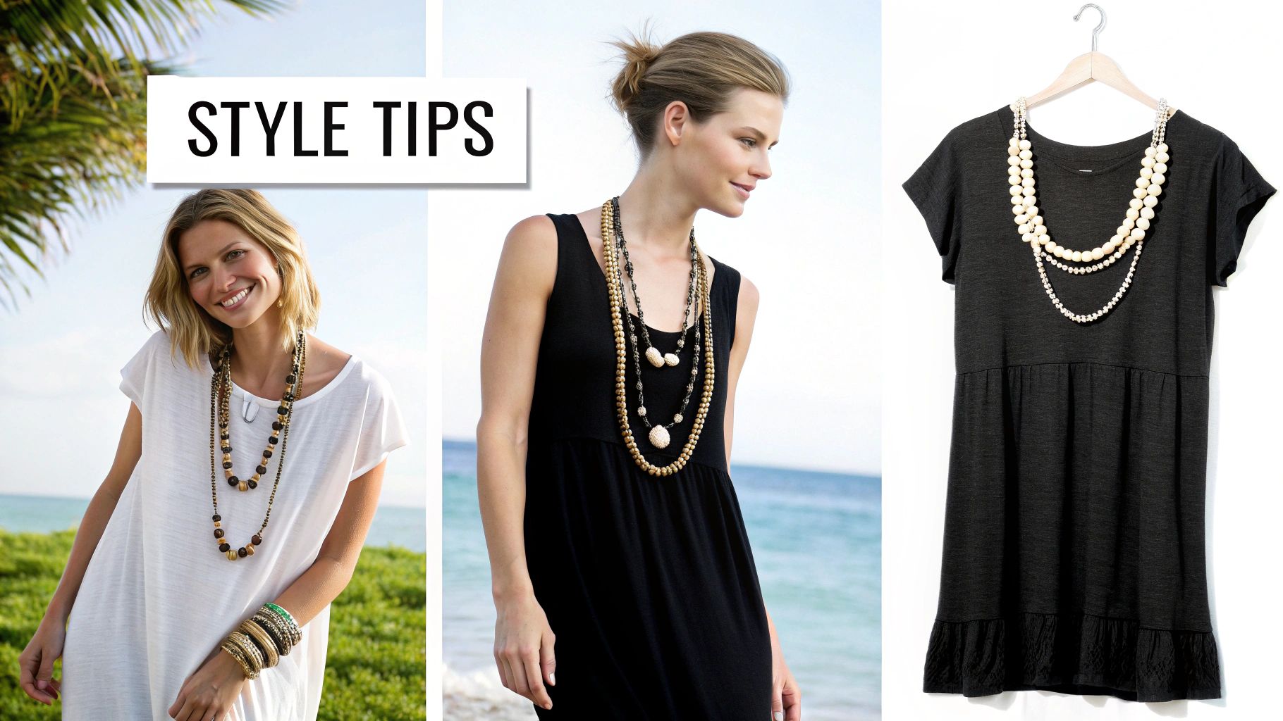 A woman wearing layered gold beach inspired necklaces and earrings