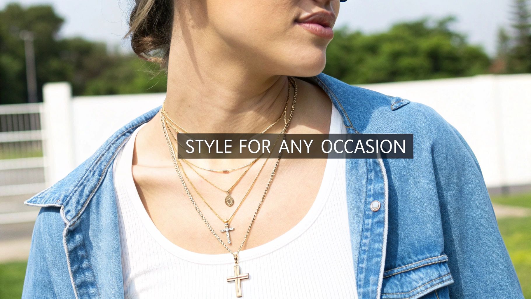 A woman wearing layered gold cross necklaces, a white tank top, and a blue denim jacket.