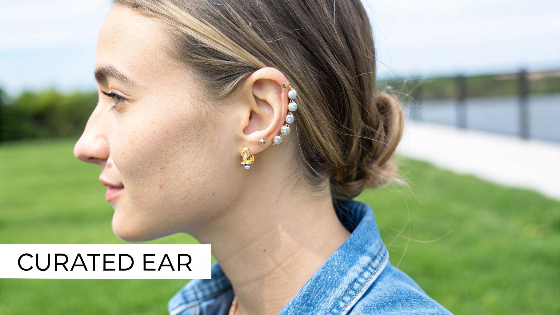 A woman's ear adorned with a golden hoop earring, small stud, and pearl bead ear cuff.