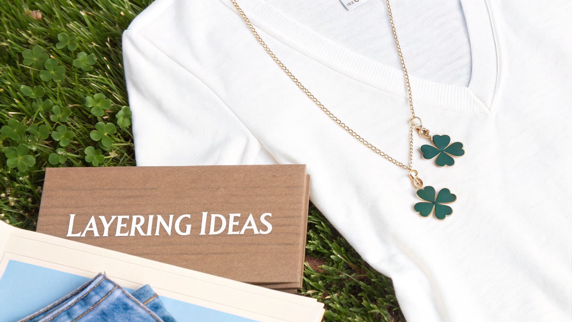 A white v-neck shirt adorned with a gold clover necklace, resting on green grass.