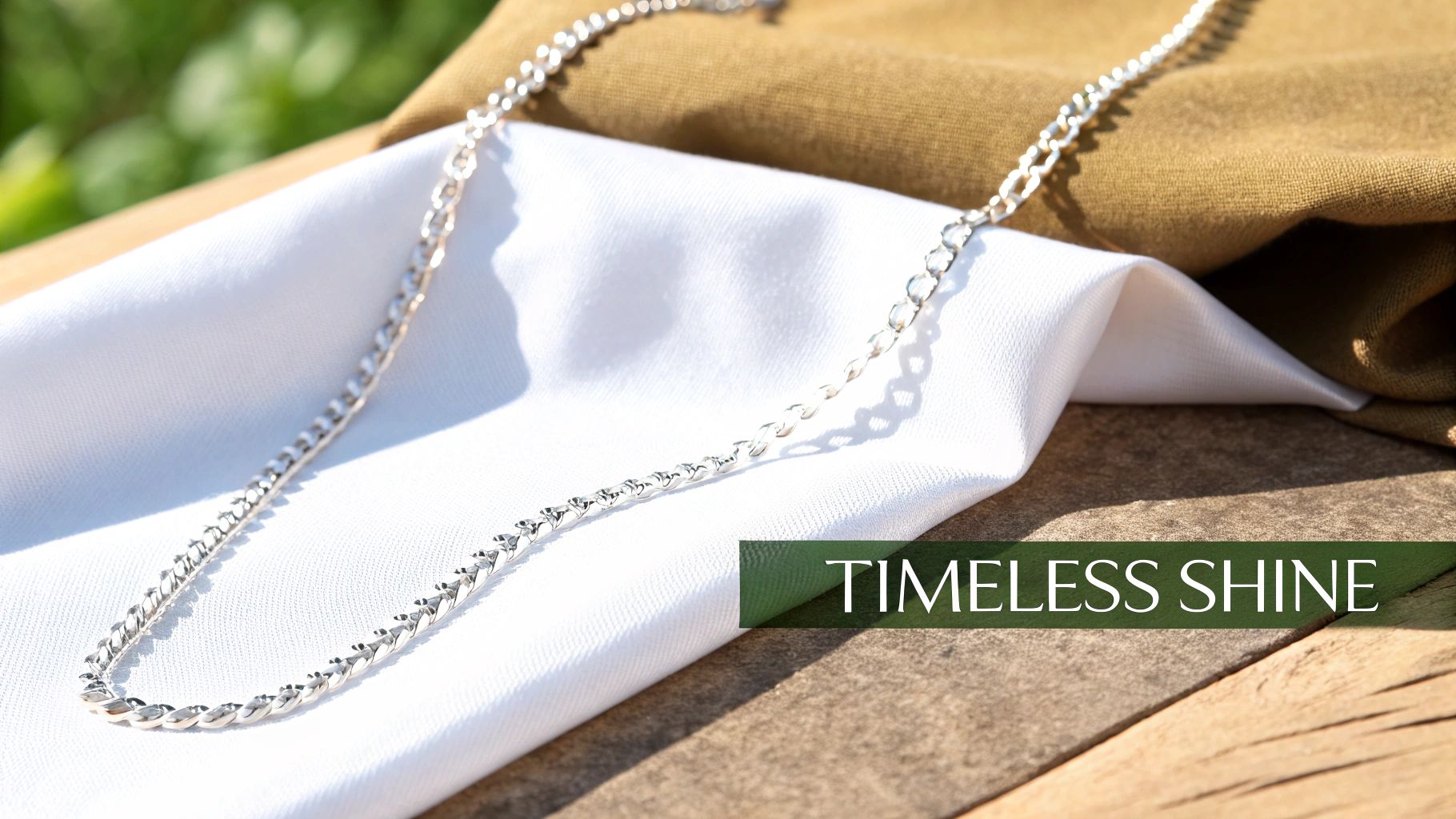 A gleaming sterling silver chain necklace draped elegantly over white fabric on a rustic wooden surface outdoors.