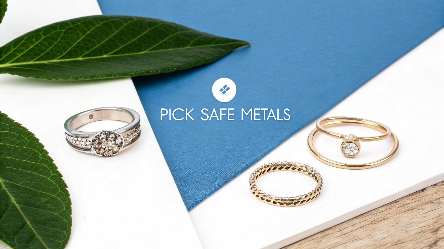 Three rings (silver and gold) with a green leaf on a white and blue background, promoting safe metals.