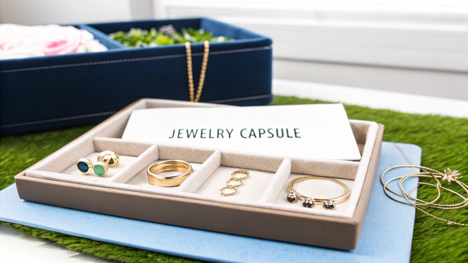 A beige jewelry organizer box with gold rings, earrings, and bracelets, labeled "JEWELRY CAPSULE."