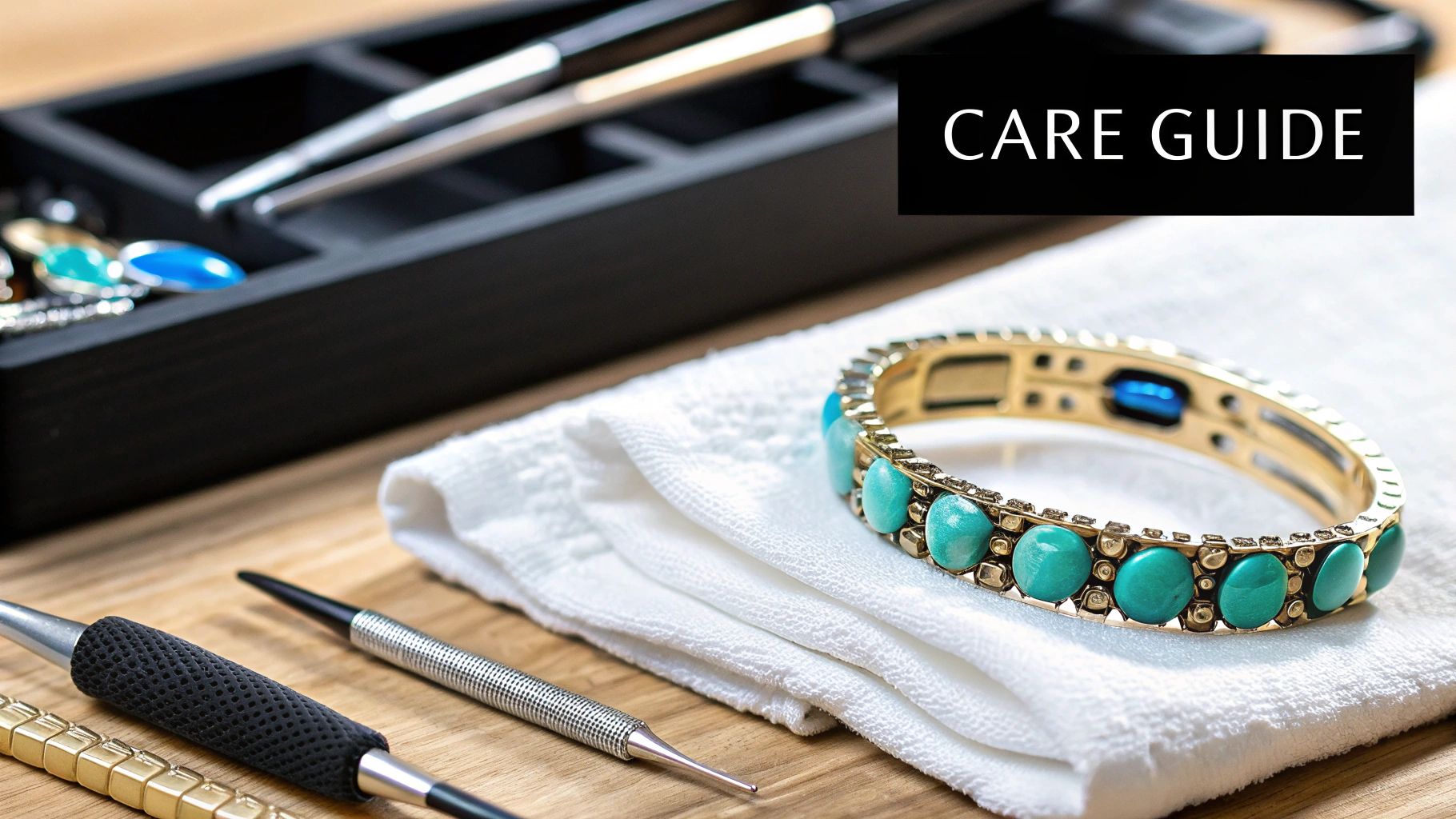 A woman with stacked turquoise bracelets and a layered necklace, demonstrating stylish ways to wear turquoise.