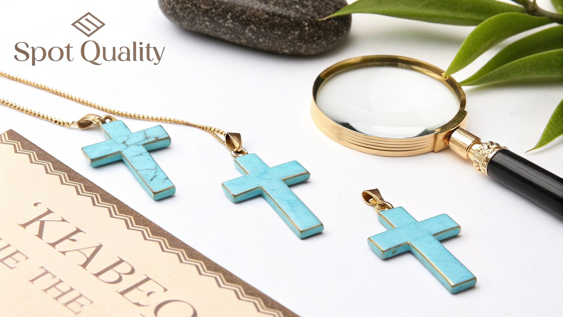 Three turquoise cross pendants, one attached to a gold chain, displayed on a white surface with a magnifying glass.